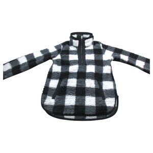 Abercrombie & Fitch Sweater Women Small White Black Buffalo Plaid Sherpa 1/4 Zip